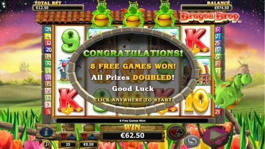8 free spins awarded, all prizes doubled