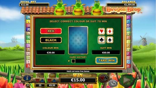 Gamble feature is available after each winning spin. Select color or suit to play.