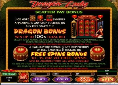 Game rules for Scatter Pay Bonus, Dragon Bonus and Free Spins Bonus