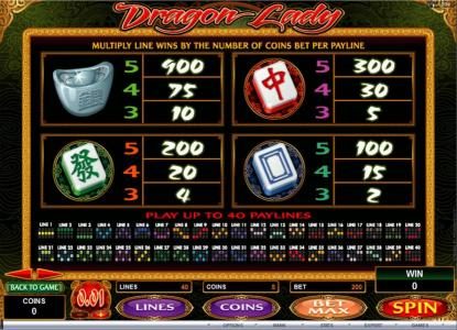 Low value game symbols paytable and payline diagrams