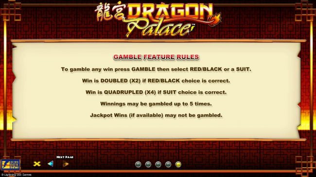 Gamble feature Rules - To gamble any win press GAMBLE the select red or black or suit.