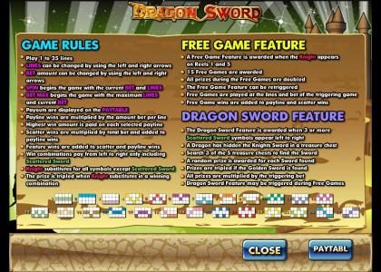 game rules, free game feature and dragon sword feature