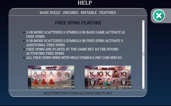 Free Spins Feature Rules - 3 or more scattered symbols in base game activate 10 free spins.
