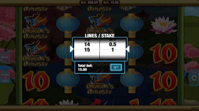Click the stakes and Lines button to change the coin value or lines played