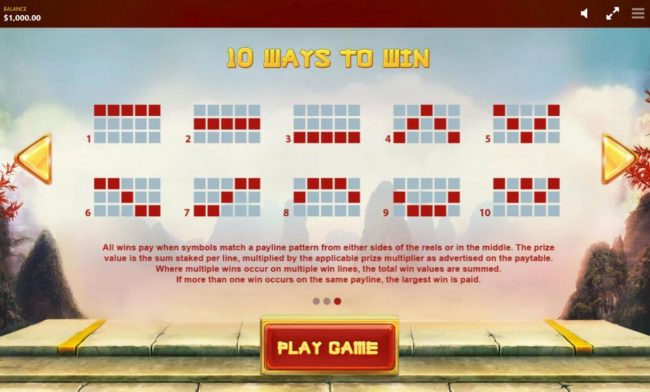 Payline Diagrams 1-10. All wins pay when symbols match a payline pattern from either sides of the reels ir in the middle.