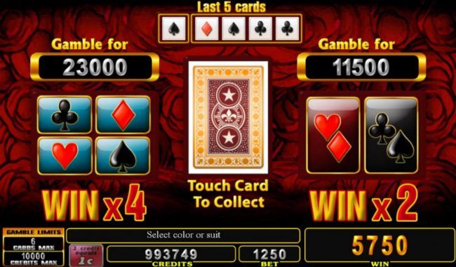 Gamble Feature - To gamble any win press Gamble then select Red or Black or suit