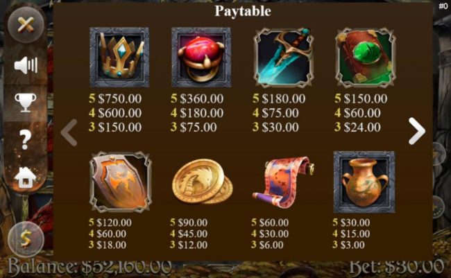 Slot game symbols paytable.
