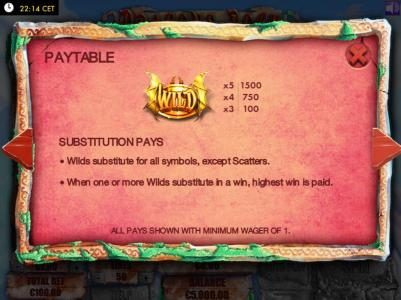 Wild symbol paytable. Wilds substitute for all symbols, except scatters. When one or more Wilds substitute in a win, highest win is paid.