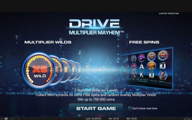 features include multiplier wilds and free spins. 5 Multiplier Wilds on 5 reels! Collect Nitro symbols for extra free spins and random overlay multiplier wilds! Win up to 750,000 coins.