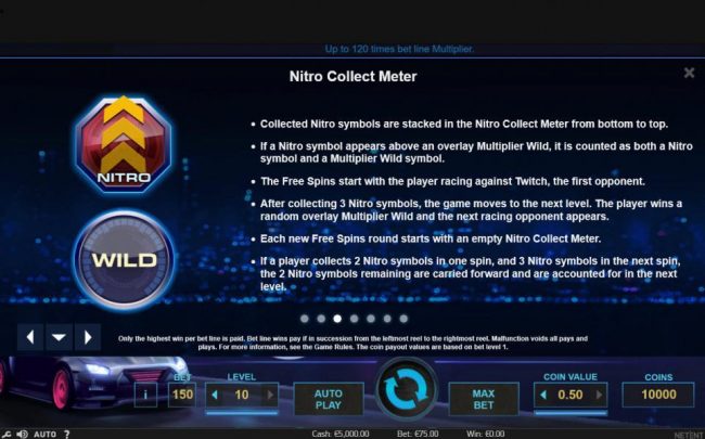 Nitro Collect Meter - Collected Nitro symbols are stacked in the Nitro Collect Meter from the bottom to top. If a Nitro symbol appears above an overlay multiplier wild, it is counted as both a Nitro symbol and a  multiplier wild symbol. The free spins sta