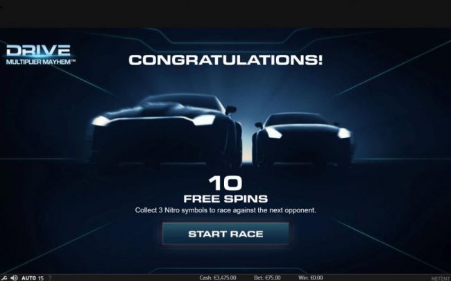 10 Free Spins awarded. Collect 3 Nitro symbols to race against the next opponent.