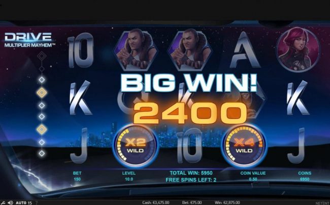 A five of a kind triggers a 2400 coin big win during the free spins feature.