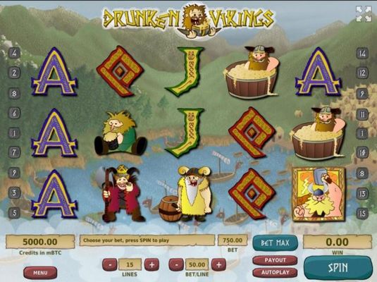 A Viking themed main game board featuring five reels and 15 paylines with a $500,000 max payout