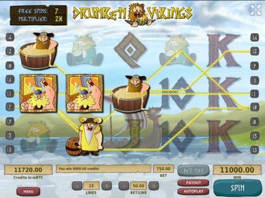 A 6,000.00 big win triggered by multiple winning paylines during the free spins bonus feature.