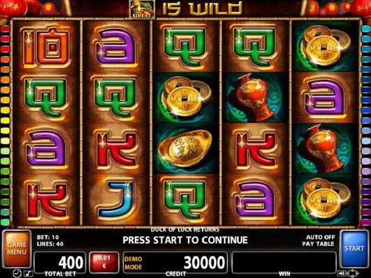 An Asian luck themed main game board featuring five reels and 40 paylines with a $100,000 max payout