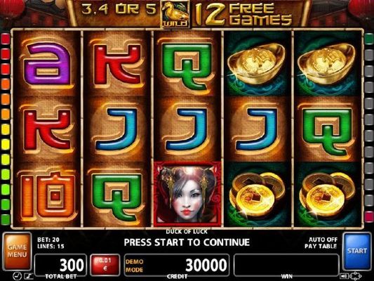 An Asian themed main game board featuring five reels and 20 paylines with a $200,000 max payout