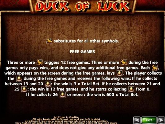 Three or more golden duck wild symbols triggers 12 free games.