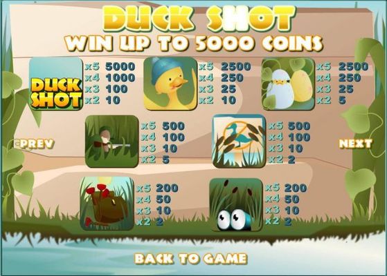 Slot game symbols paytable featuring duck hunting inspired icons.