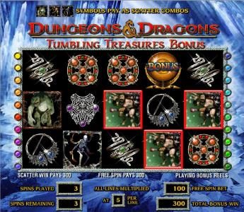 Three of a kinf triggers a 300 coin jackpot during Tumbling Treasures Bonus