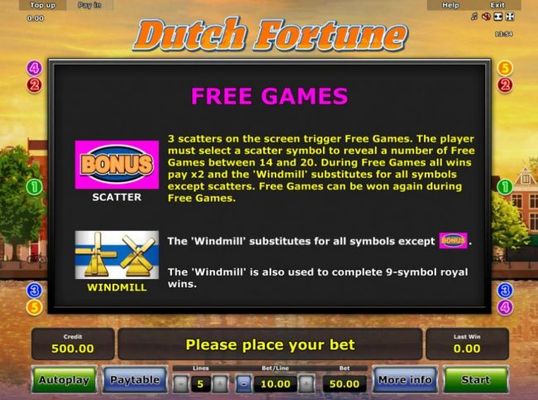 Free Games Rules - 3 scatters on the screen trigger Free Games.