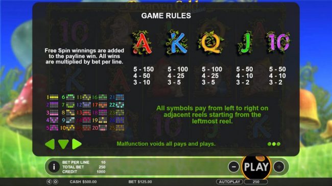 Low value game symbols paytable and payline diagrams. All symbols pay from left to right on adjacent reels starting from the leftmost reel.