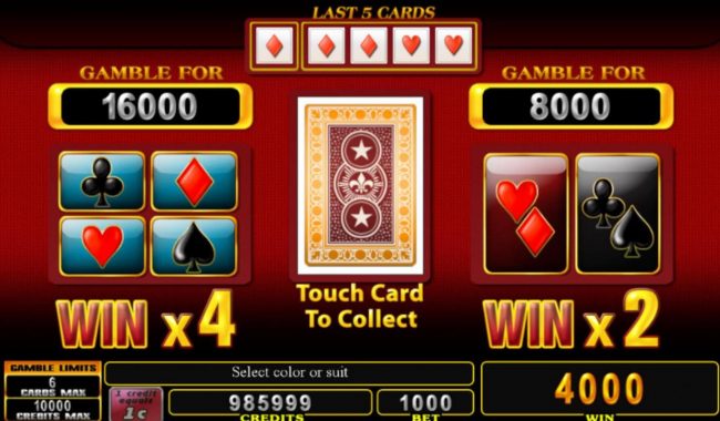 Gamble Feature - To gamble any win press Gamble then select Red or Black or Suit