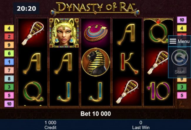 An Egyptian themed main game board featuring five reels and 10 paylines with a $2,000,000 max payout
