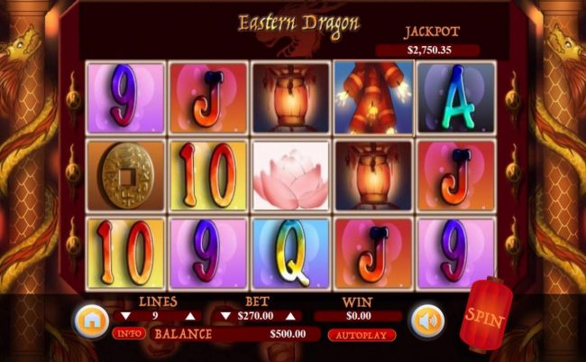 A Far East Asia themed main game board featuring five reels and 9 paylines with a $300,000 max payout