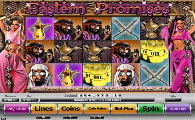 A middle eastern themed main game board featuring five reels and 20 paylines with a $130,000 max payout
