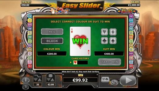 Gamble feature is available after each winning spin. Select color or suit to play.