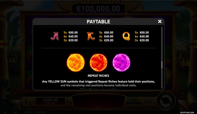 Egyptian Sun :: Paytable - Low Value Symbols