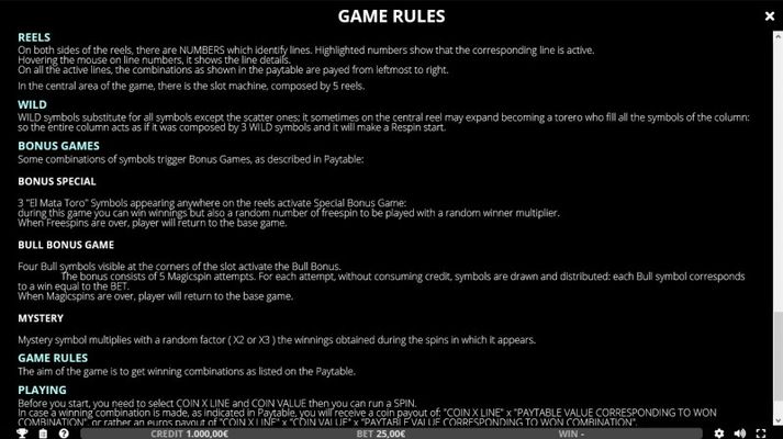 El Mata Toro :: General Game Rules