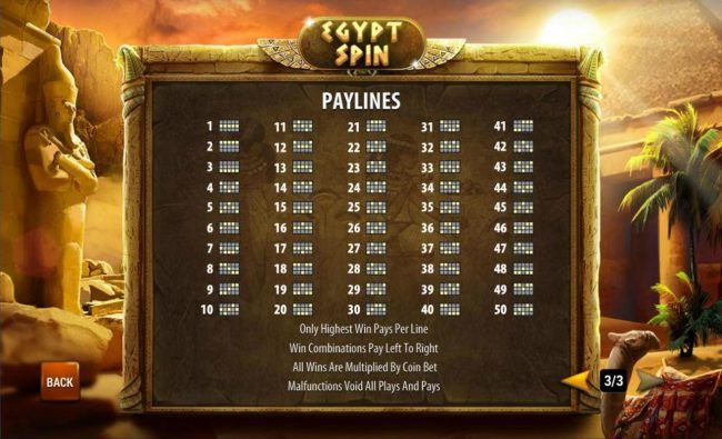 Payline Diagrams 1-50. Only highest win pays per line. Win combinations pay left to right.