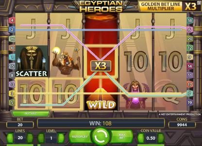 expanding wild with a x3 multiplier triggers a 108 coin jackpot