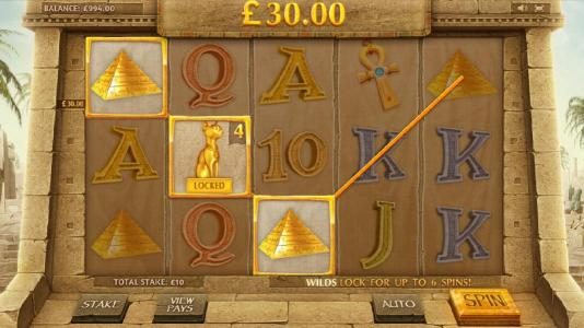 locked wild combines with two pyramid symbols to trigger a $30 jackpot