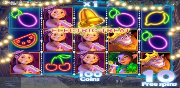 Five Maggie symbols triggers Electric Treat and pasy out 100 coins.