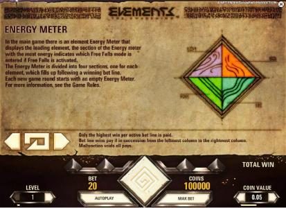 energy meter - in the main game there is an element energy meter that displays the leading element, the section of the energy meter with the most energy indicates which free falls mode is entered if free falls is activated