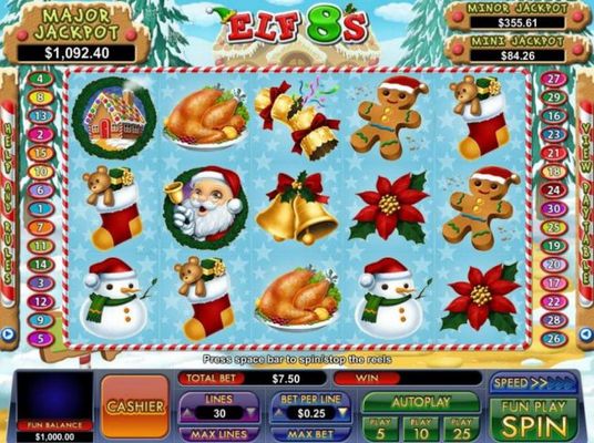 A Christmas holiday themed main game board featuring five reels and 30 paylines with a progressive jackpot max payout