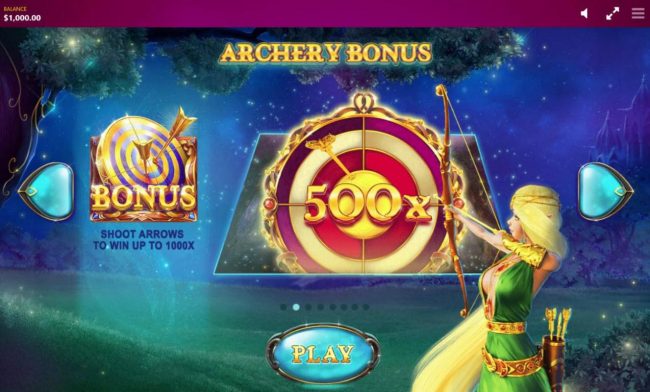 Archery Bonus - Three bonus symbols appearing anywhere on screen triggers the bonus game. Shoot arrows to win up to 1000x.