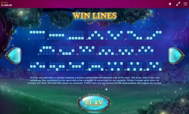 Payline Diagrams 1-20. All wins pay when symbols match a payline pattern from either sides of the reels or in the middle. The prize value is the sum staked per line, multiplied by the applicable prize multiplier as advertised on the paytable. When multipl