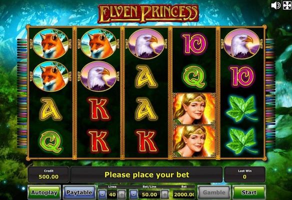 An elfs and fairytale forest themed main game board featuring five reels and 40 paylines with a progressive jackpot max payout
