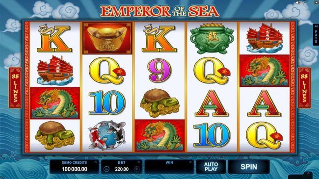 A Chinese dragon legend themed main game board featuring five reels and 88 paylines with a $412,500 max payout.