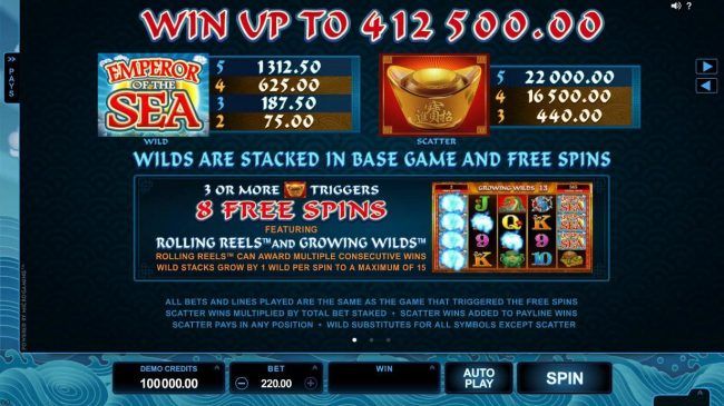 Wild and scatter symbols paytable. Win up to 412,500.00! Wilds are stacked in base game and free spins.