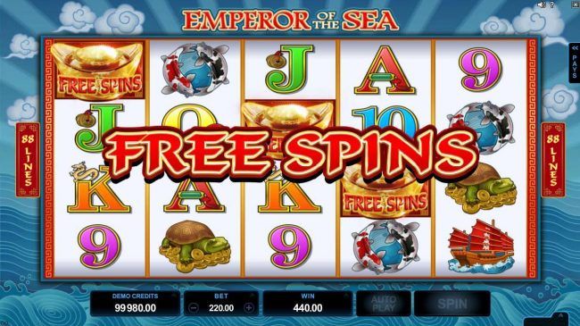 Landing three or more gold boat shaped ingots triggers the free spins bonus feature.