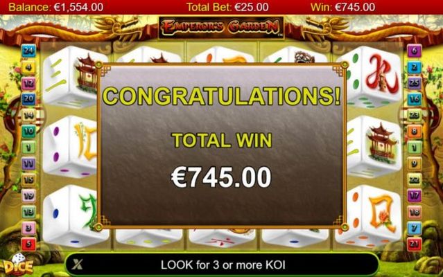 Total win 745.00 for playing the free games feature