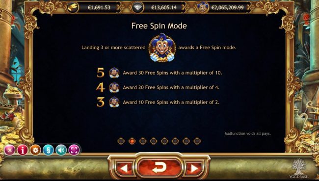 Landing 3 or more scattered joker symbols awards a free spin mode. 10 to 30 free spins awarded.