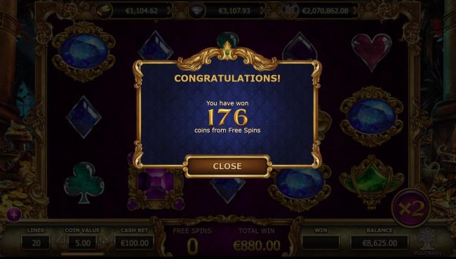 The free spins feature pays out a total of 176 coins for a big win!