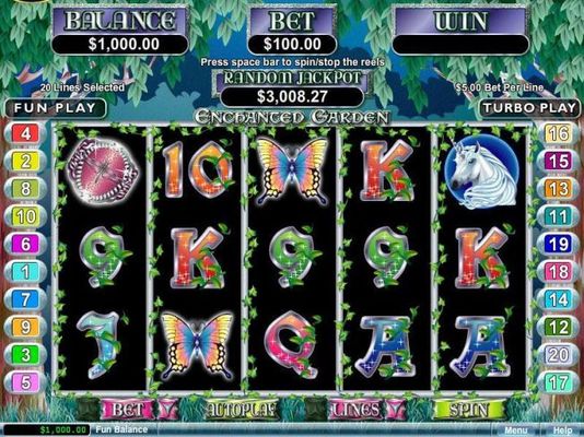 A fairy tale themed main game board featuring five reels and 20 paylines with a $250,000 max payout