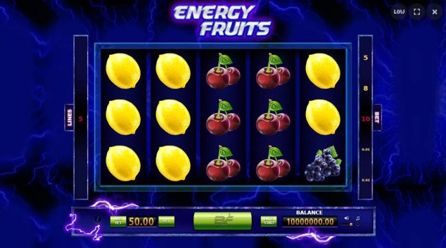 A fruit themed main game board featuring five reels and 5 paylines with a $25,000 max payout.