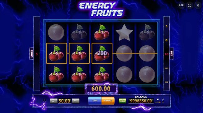 A 600.00 jackpot triggered by multiple winning cherry paylines.